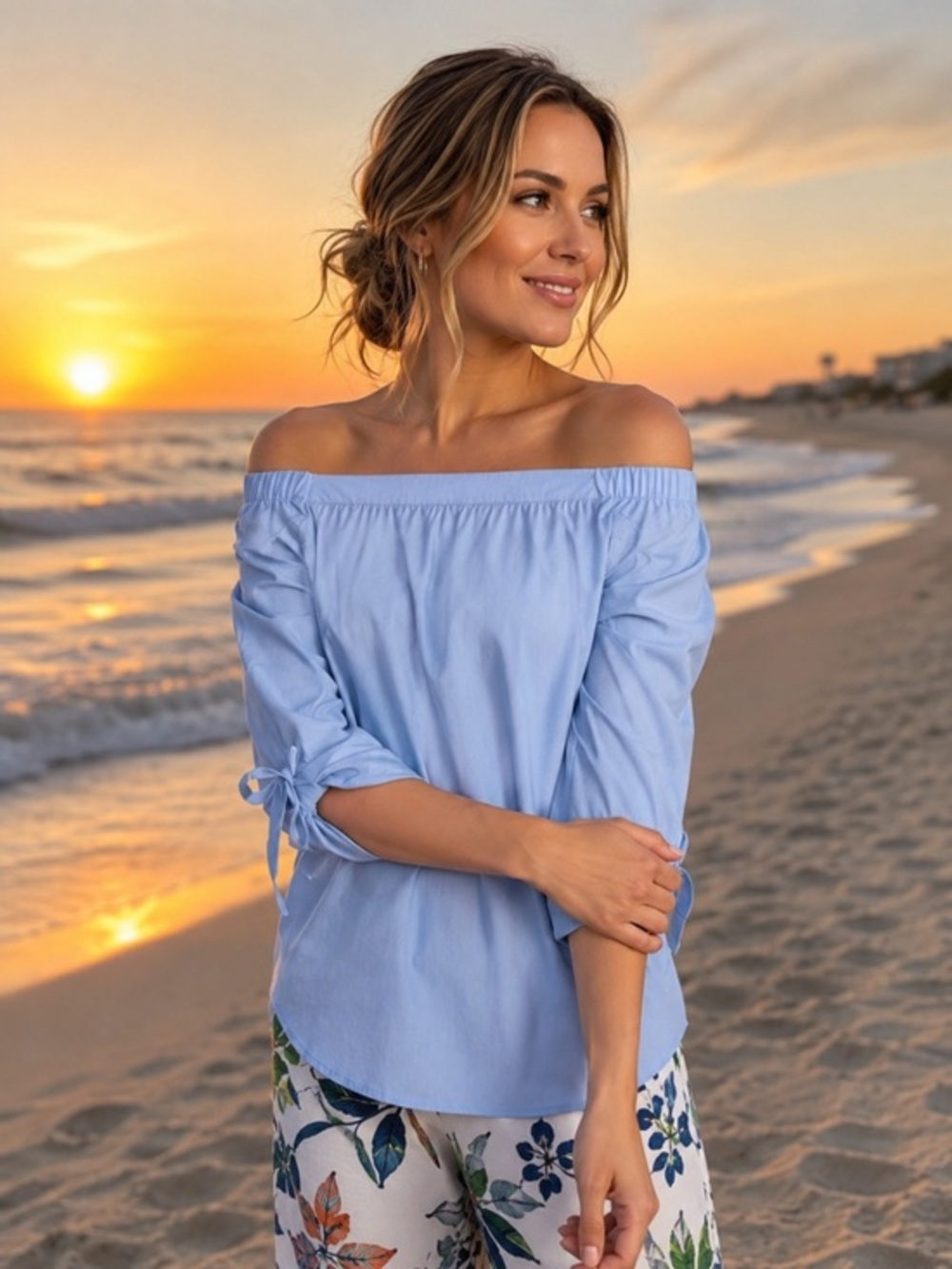 - J. McLaughlin Blue Off Shoulder 100% Cotton/Silk Top Size Small